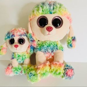 2 Ty Beanie Boos Rainbow Plush 9” & 6” Poodles Glitter Eyes Stuffed Animal Dogs